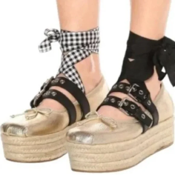 Miu Miu Gold ballet Platform Espadrille Shoes - Picture 1 of 7